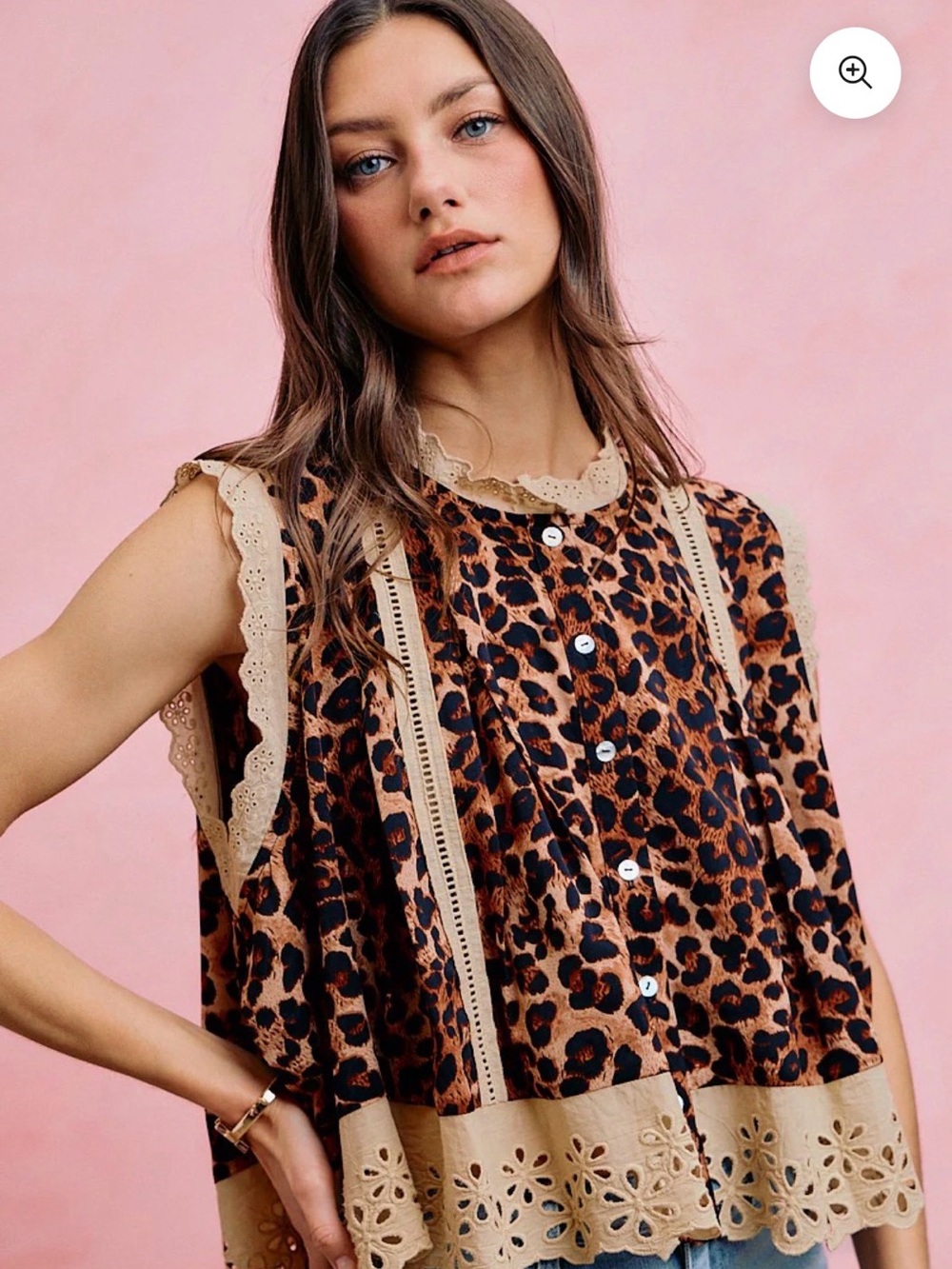 So Me NWT Boutique Leopard Print Button-Front Lace Trim Women's Top -Brown/Cream